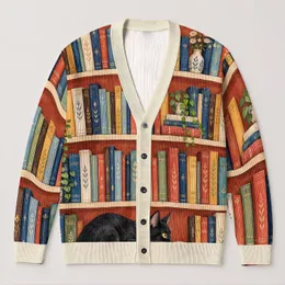 Watercolor Bookshelf and Black Cat Reading Scene for Cozy Study Days and Book Lovers All-over Print Knitted Cardigan