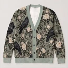 Black Crows and Ivory Roses for Moody Halloween Layering and Gothic Autumn Style All-over Print Knitted Cardigan