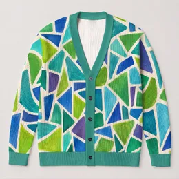 Colorful Geometric Mosaic Style for Spring Autumn Layering and Everyday Women's Wardrobe All-over Print Knitted Cardigan