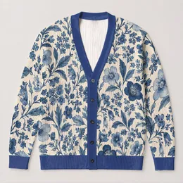 Indigo Botanical Blossoms For Relaxed Spring Layering And Everyday Women’s Wardrobe All-over Print Knitted Cardigan