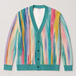Multicolor Brushstroke Stripes for Casual Office Layering and Weekend Style Women All-over Print Knitted Cardigan