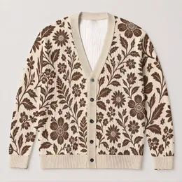 Brown Botanical Florals For Relaxed Everyday Layering, Women's Vintage-Inspired Style All-over Print Knitted Cardigan