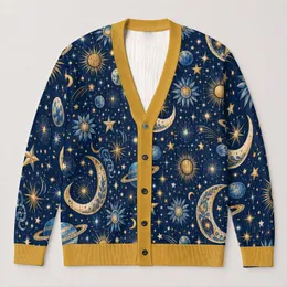 Celestial Moons And Stars For Bohemian Everyday Layering, Women’s Night-Sky Style All-over Print Knitted Cardigan