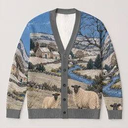 Sheep and Countryside Village Scene for Cozy Autumn Outings and Home Days All-over Print Knitted Cardigan