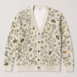 Daisy Bee Meadow Motifs for Relaxed Garden Days and Nature Inspired Layering All-over Print Knitted Cardigan