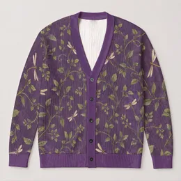 Purple Vine And Dragonfly Motifs For Relaxed Autumn Layering And Everyday Style All-over Print Knitted Cardigan