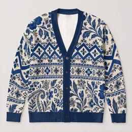 Blue and Ivory Folk Floral Motifs for Cozy Autumn Layering and Everyday Style All-over Print Knitted Cardigan