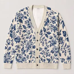 Navy Blue Botanical Flowers for Relaxed Everyday Layering and Cottage Garden Style All-over Print Knitted Cardigan