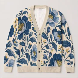 Blue Botanical Blooms for Relaxed Everyday Layering Women’s European Classic Style All-over Print Knitted Cardigan