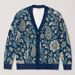 Navy Teal Paisley Florals For Bohemian Everyday Layering And Relaxed Weekend Style All-over Print Knitted Cardigan