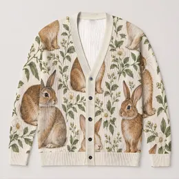 Tawny Bunny and Wildflower Motifs for Cozy Everyday Layering and Spring Outings All-over Print Knitted Cardigan