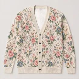 Vintage Rose And Blue Floral Garden For Relaxed Everyday Layering All-over Print Knitted Cardigan