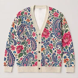 Ivory Paisley Floral Motifs For Colorful Everyday Layering And Spring Outings All-over Print Knitted Cardigan