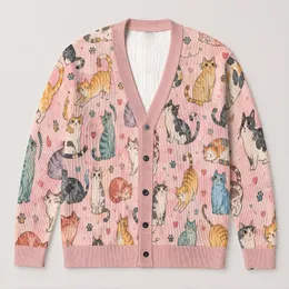Colorful Whimsical Cat Parade for Cozy Autumn Days and Relaxed Everyday Layering All-over Print Knitted Cardigan