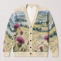 Watercolor Meadow Thistles and Hills for Relaxed Autumn Layering All-over Print Knitted Cardigan