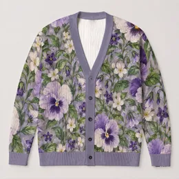 Purple Wildflowers and Pansies for Cozy Autumn Days and Relaxed Everyday Layering All-over Print Knitted Cardigan