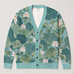 Lotus Pond Botanical Leaves In Soft Aqua Tones For Relaxed Everyday Layering Style All-over Print Knitted Cardigan