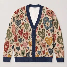 Colorful Hand-Drawn Heart Motifs for Romantic Layering and Everyday Women's Style All-over Print Knitted Cardigan