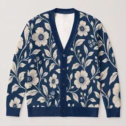 Navy Botanical Wildflower Vines For Autumn Layering And Everyday Women's Casual Style All-over Print Knitted Cardigan