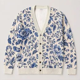 Blue Botanical Florals for Easy Spring and Autumn Layering, Everyday Women's Style All-over Print Knitted Cardigan
