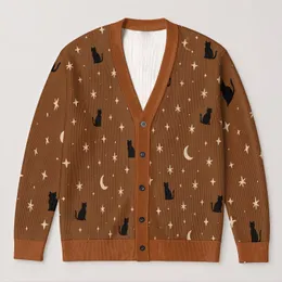 Black Cats, Crescent Moons And Stars For Cozy Autumn Layering And Everyday Style All-over Print Knitted Cardigan