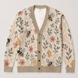 Bee Flower Honeycomb Motif For Casual Autumn Commuting And Weekend Outfits Women All-over Print Knitted Cardigan