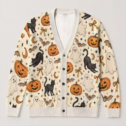 Halloween Pumpkin Cat Ghost Bat Motifs For Cozy Autumn Layering Women Seasonal Style All-over Print Knitted Cardigan