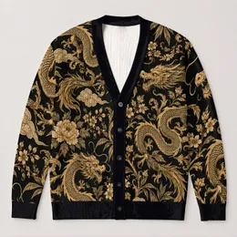 Black Gold Dragon Floral Resort Style for Beach Vacations and Relaxed Home Lounging All-over Print Knitted Cardigan
