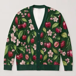 Cherry And Pink Blossom Motif For Autumn Layering, Women's Everyday Casual Wardrobe All-over Print Knitted Cardigan