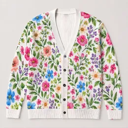 Colorful Botanical Blooms for Cheerful Everyday Layering Women Spring Casual Style All-over Print Knitted Cardigan