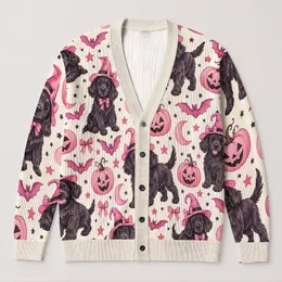 Pink Halloween Dogs, Bats, Pumpkins And Moons For Sweet Autumn Layering All Season All-over Print Knitted Cardigan