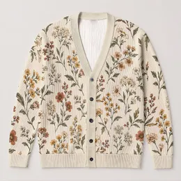 Wildflower Branches in Warm Ivory for Relaxed Everyday Layering, Cottage Style Living All-over Print Knitted Cardigan
