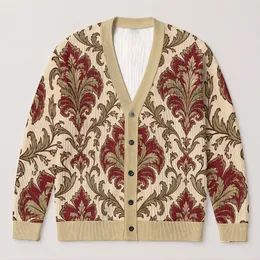 Ornate Burgundy Olive Damask Motifs For Elegant Fall Layering And Everyday Wear All-over Print Knitted Cardigan