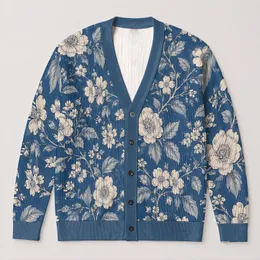 Blue Botanical Blooms for Relaxed Layering, Weekend Outings, and Cottage Style Women All-over Print Knitted Cardigan