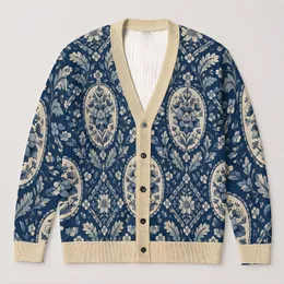 Indigo Cream Floral Medallions for Everyday Layering and Office-to-Weekend Style All-over Print Knitted Cardigan