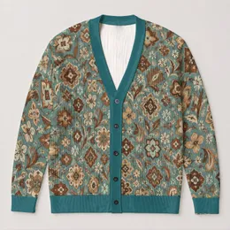 Teal and Tan Geometric Florals for Relaxed Everyday Layering and Artistic Wardrobes All-over Print Knitted Cardigan
