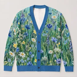 Blue Wildflower Meadow Scene for Autumn Outings and Everyday Layering Women's Style All-over Print Knitted Cardigan