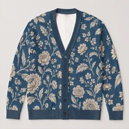 Blue Botanical Blooms for Relaxed Office Layers and Smart Casual Wardrobes for Women All-over Print Knitted Cardigan