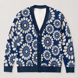 Indigo Ivory Daisy Medallions for Everyday Layering and Relaxed Weekend Wardrobe Style All-over Print Knitted Cardigan