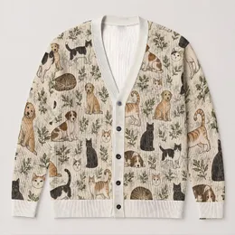 Cats and Dogs in Soft Woodland Tones for Cozy Everyday Layering at Home or Out Together All-over Print Knitted Cardigan