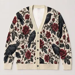 Raven And Red Rose Gothic Garden Style For Everyday Layering, Autumn Outings, And Gifting All-over Print Knitted Cardigan