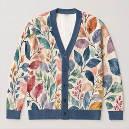 Watercolor Botanical Leaves For Relaxed Everyday Layering, Women's Artistic Style All-over Print Knitted Cardigan