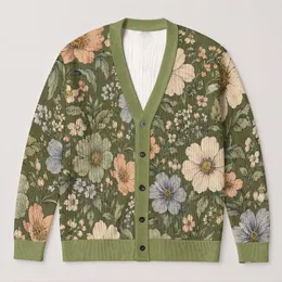 Vintage Olive Botanical Blooms For Everyday Layering And Relaxed Women's Wardrobe All-over Print Knitted Cardigan