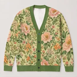 Sage Green Peach Floral Blooms for Cozy Autumn Layering and Everyday Wear All-over Print Knitted Cardigan