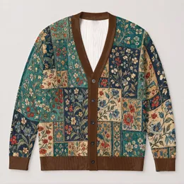 Teal Botanical Patchwork Motifs for Relaxed Everyday Layering and Creative Casual Style All-over Print Knitted Cardigan