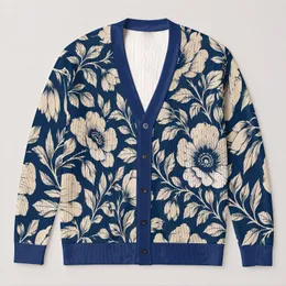 Navy Blue Botanical Blooms for Relaxed Everyday Layering and Casual Elegant Style All-over Print Knitted Cardigan