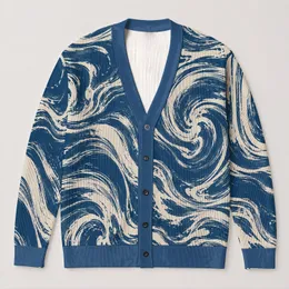 Indigo Cream Marbled Swirls for Relaxed Autumn Layering, Women’s Coastal Style Wardrobe All-over Print Knitted Cardigan