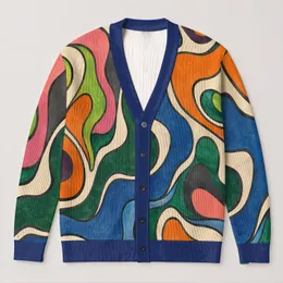 Abstract Wavy Color Blocks for Colorful Autumn Layering and Everyday Style for Women All-over Print Knitted Cardigan