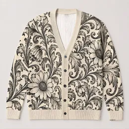 Black Cream Scrolled Floral Motifs for Relaxed Everyday Layering, Women’s Casual Style All-over Print Knitted Cardigan