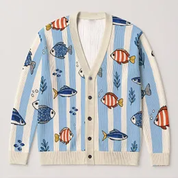 Colorful Folk Fish And Ocean Stripes For Relaxed Coastal Layering, Women's Style All-over Print Knitted Cardigan